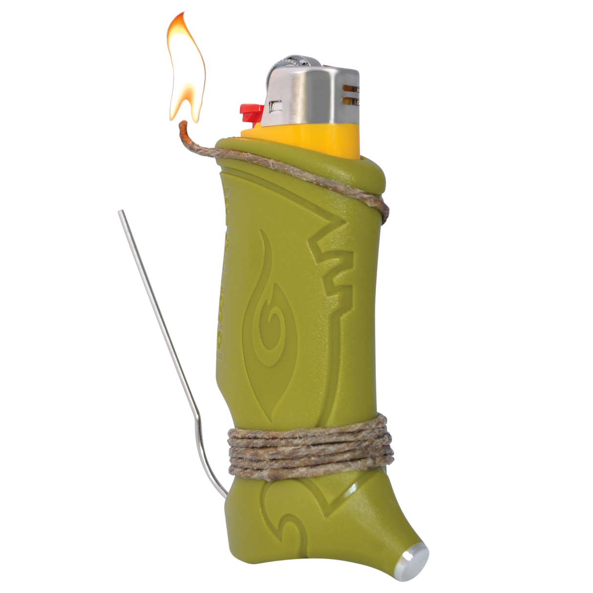 Toker Poker Lighter Sleeve in Green with Hemp Wick - Angled View with Flame