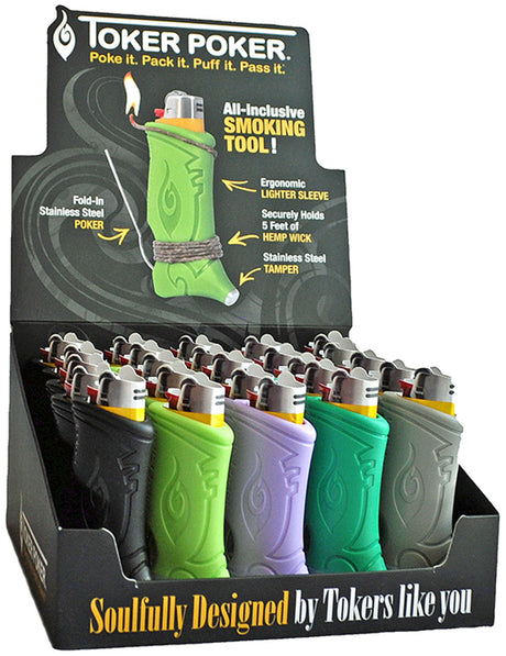 Toker Poker Lighter Sleeves in a display box, featuring assorted colors and built-in tools