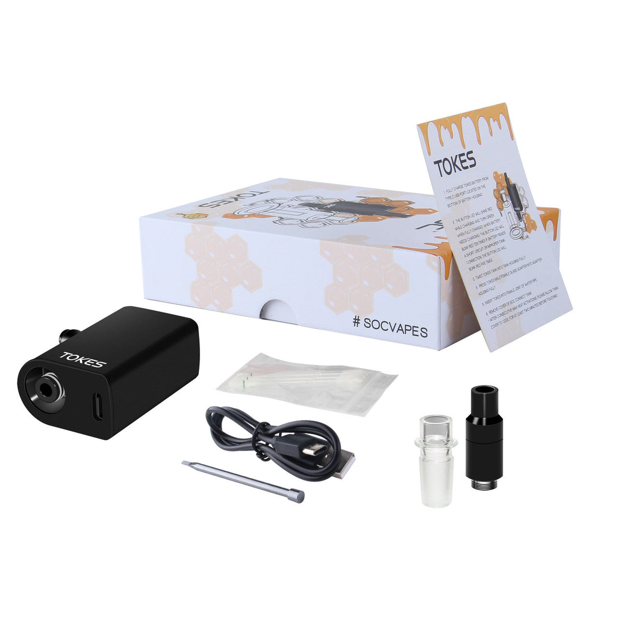 SOC Tokes Dual-Use Wax Vaporizer Kit in Black with 14mm Adapter, USB Cable, and Accessories
