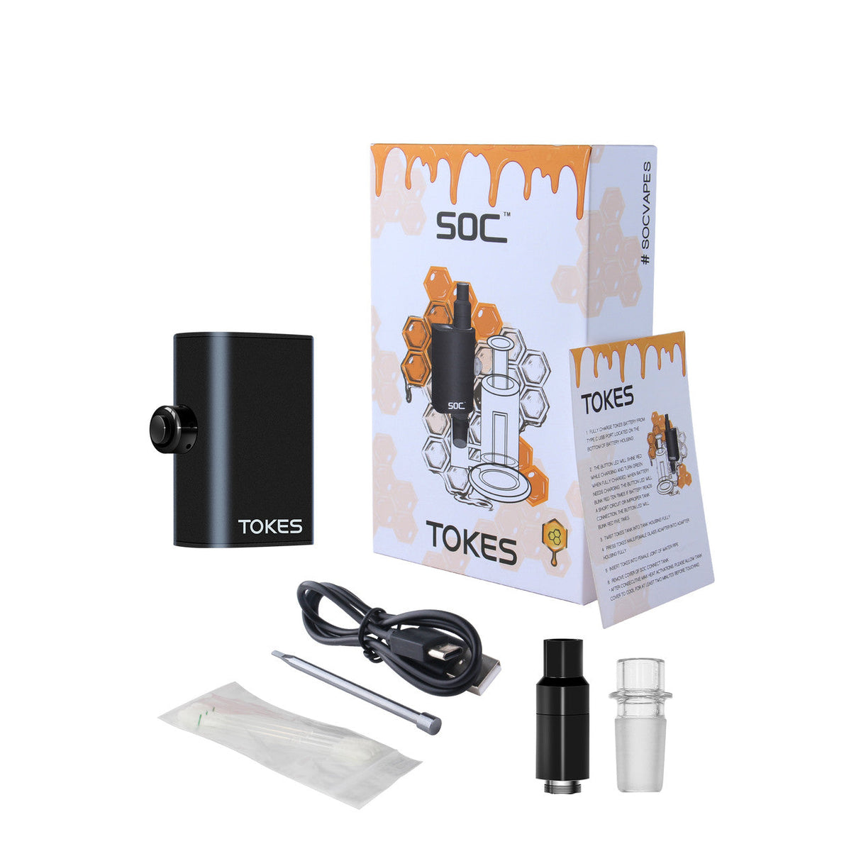 SOC Tokes Dual-Use Wax Vaporizer in Black with 14mm Male Adapter and Accessories