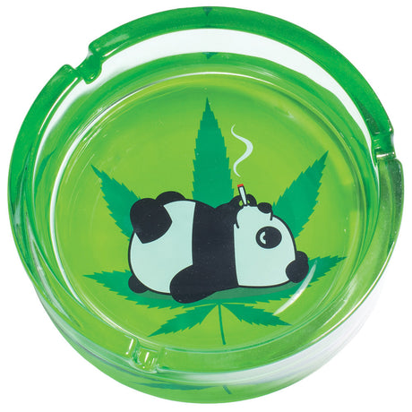 Green Borosilicate Glass Ashtray with Toking Panda Design, Heavy Wall, 6.25" Diameter