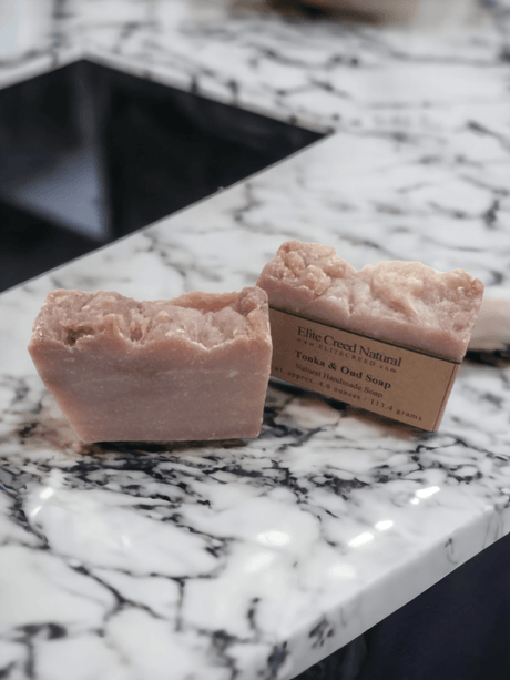 Elite Creed Natural Tonka Oud Handmade CBD Soap on marble surface