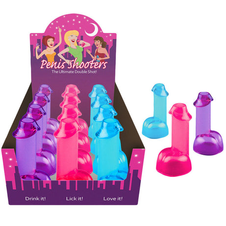Assorted colors translucent novelty penis shooter shot glasses on display stand