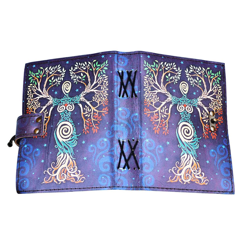 Tree Goddess Faux Leather Journal, 5"x7", Open View with Artistic Design