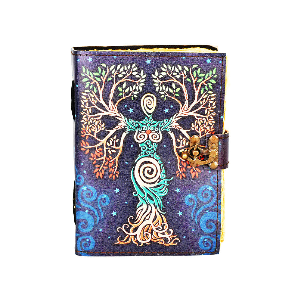 Black Tree Goddess Faux Leather Journal 5"x7" with intricate design and secure latch - Front View