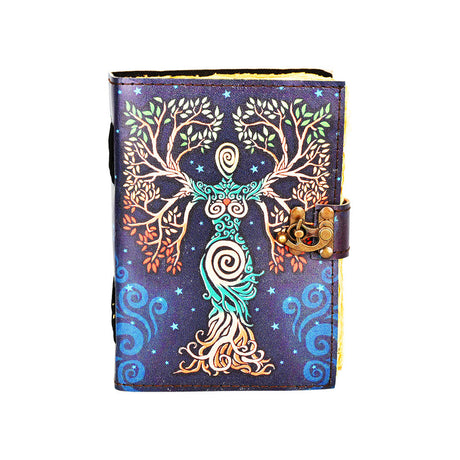 Black Tree Goddess Faux Leather Journal 5"x7" with intricate design and secure latch - Front View