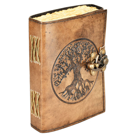 Embossed Leather Journal with Tree of Life Design and Metal Clasp Closure - Front View