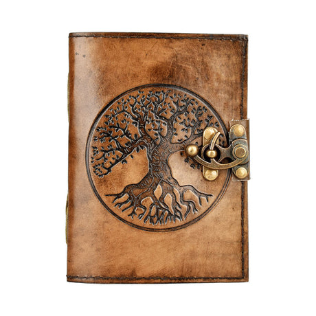 Tree of Life Embossed Leather Journal with Metal Closure, 5"x7" Front View on White Background