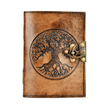 Tree of Life Embossed Leather Journal with Metal Closure, 5"x7" Front View on White Background