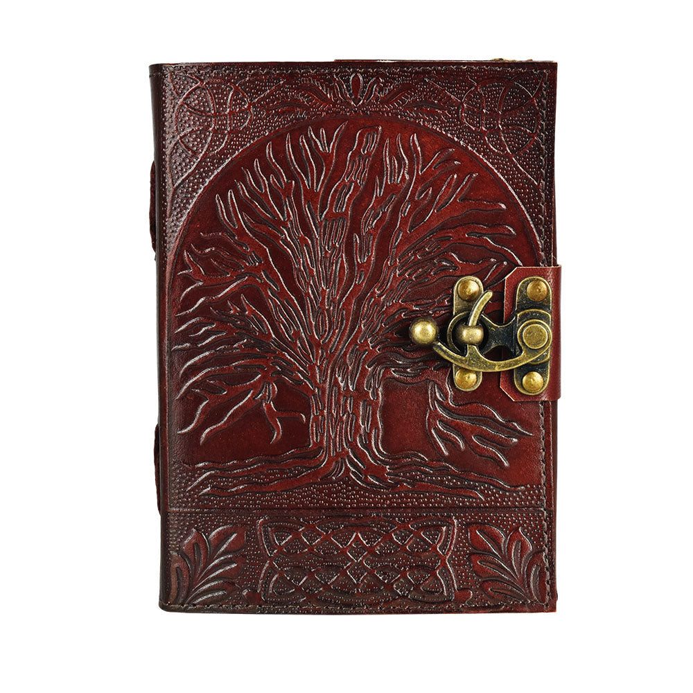 Black Tree of Life Leather Journal with Metal Clasp, 5"x7" Front View on White Background