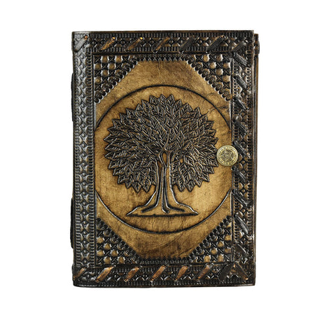 Tree of Life embossed leather journal with secure snap closure, front view on white background