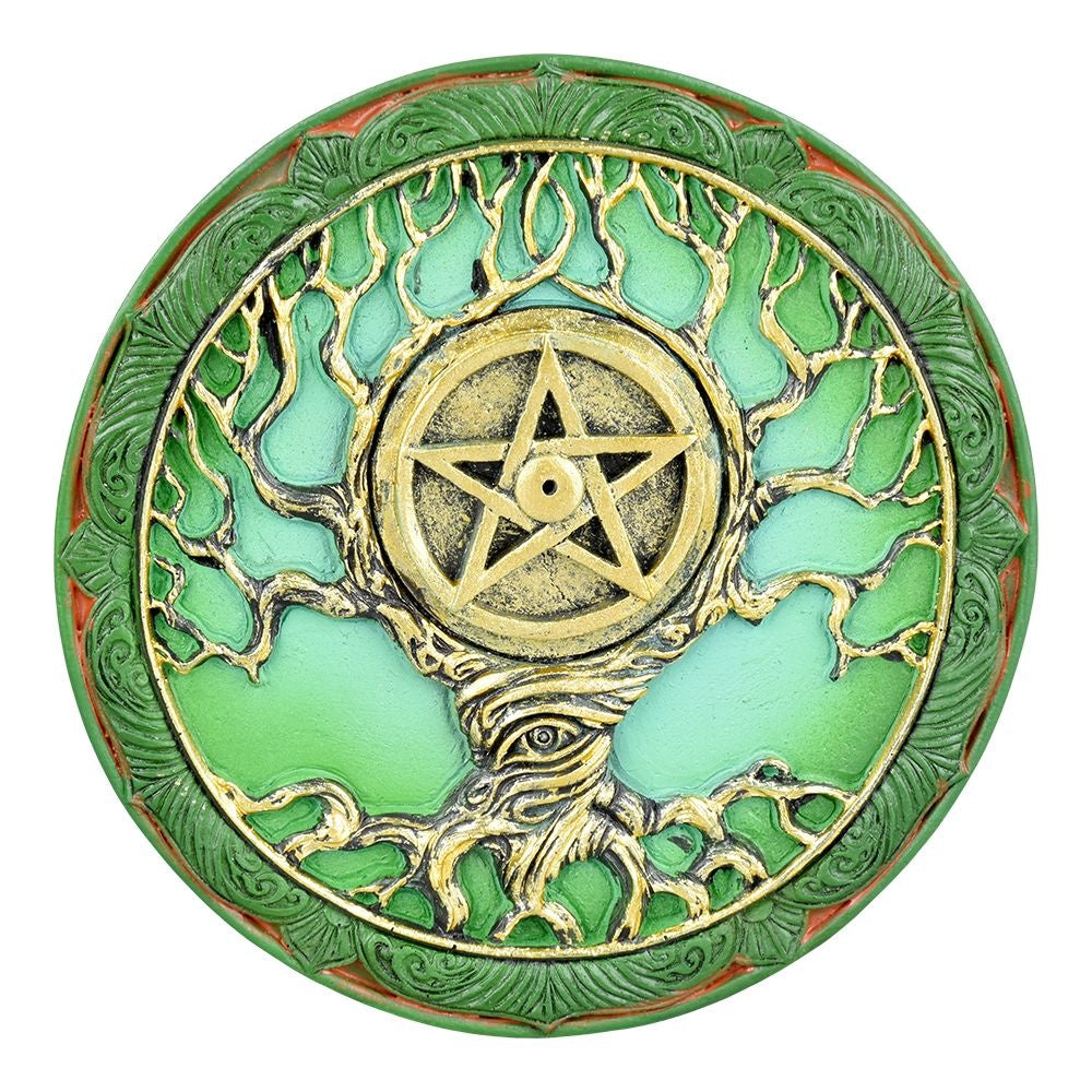 Tree of Life Pentagram Polyresin Round Incense Burner | 4.75"