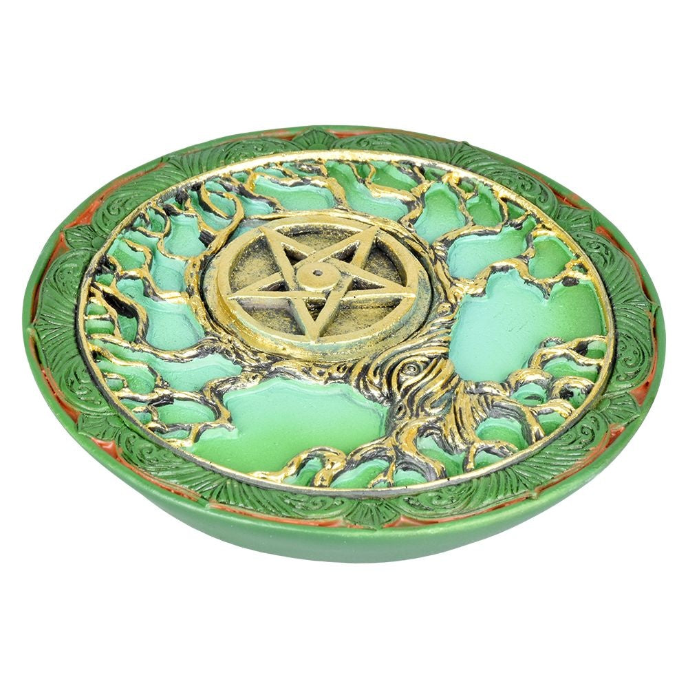 Tree of Life Pentagram Polyresin Round Incense Burner | 4.75"