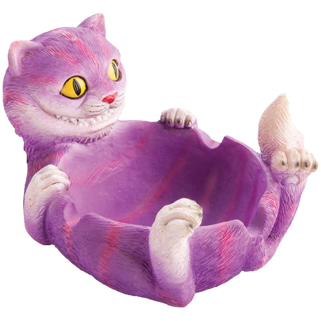 Trippy Cat Polyresin Ashtray, 5.5"x4", whimsical purple cat design, durable material, front view