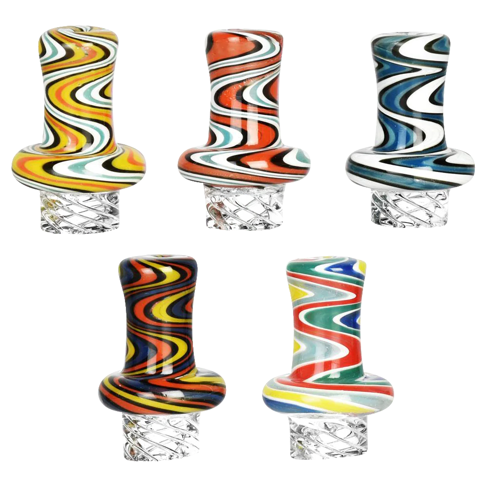 Colorful Trippy Wig Wag Vortex Carb Caps made of Borosilicate Glass, displayed in various swirl patterns