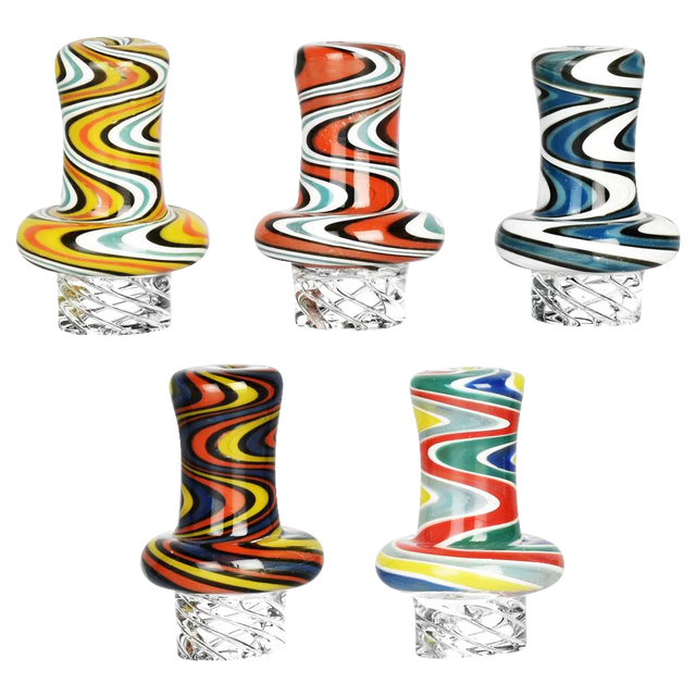 Colorful Trippy Wig Wag Vortex Carb Caps made of Borosilicate Glass, displayed in various swirl patterns