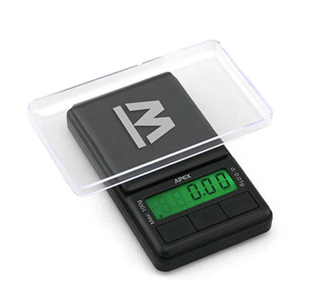 Tru Weigh Apex Digital Scale, 100GX 0.01G accuracy, compact black design with clear lid, top view