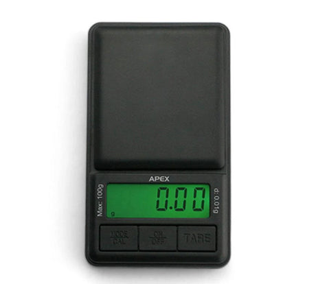 Tru Weigh Apex Digital Scale in black, 100g x 0.01g accuracy, portable design, front view on white background
