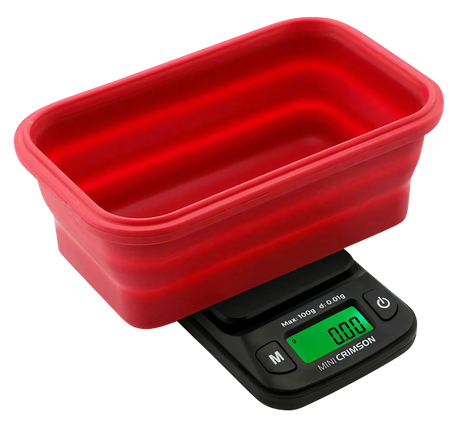 Truweigh Mini Crimson Collapsible Silicone Bowl Scale in red, precise 0.01g accuracy, front view