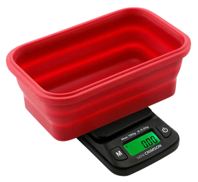 Truweigh Mini Crimson Collapsible Silicone Bowl Scale in red, precise 0.01g accuracy, front view