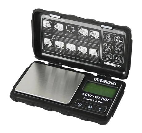 Truweigh Tuff-Weigh Mini Scale in black, 1000g x 0.1g, open view showing digital display and stainless steel platform
