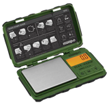 Truweigh Tuff-Weigh Mini Scale in green, 1000g x 0.1g, open view showing digital display and platform
