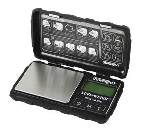 Truweigh Tuff-Weigh Mini Scale in Black, 100g x 0.01g, open view showing digital display and instructions