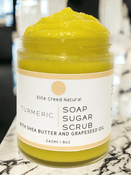 Elite Creed Natural Turmeric Sugar Scrub with Shea Butter and Grapeseed Oil, Front View