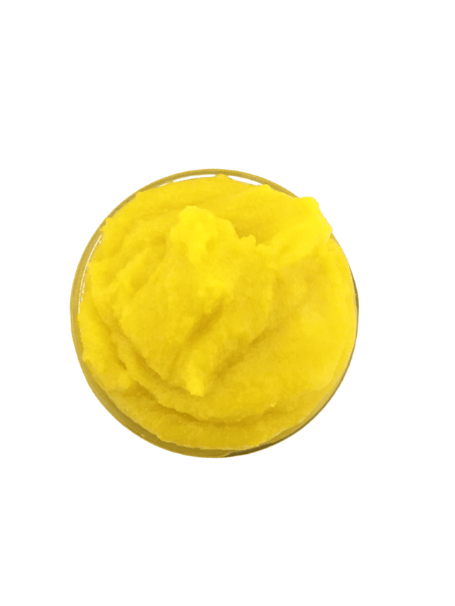 Elite Creed Natural Turmeric Sugar Scrub with CBD, top view of open jar on white background