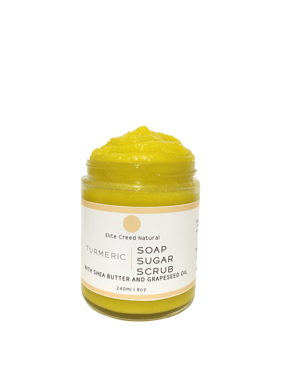 Elite Creed Natural Turmeric Sugar Scrub with Shea Butter in Clear Jar - Front View