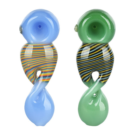 Twist of Fate Hand Pipes in blue and green with unique striped design, front view on white background