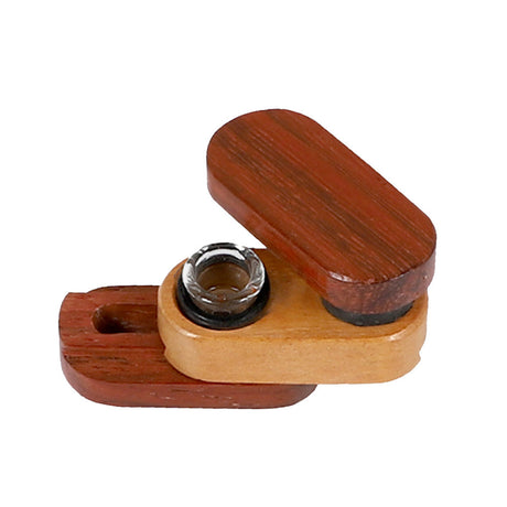 Compact Twist-Out Lid Wood Pipe with Borosilicate Glass Bowl and Cleaning Slide, Front View