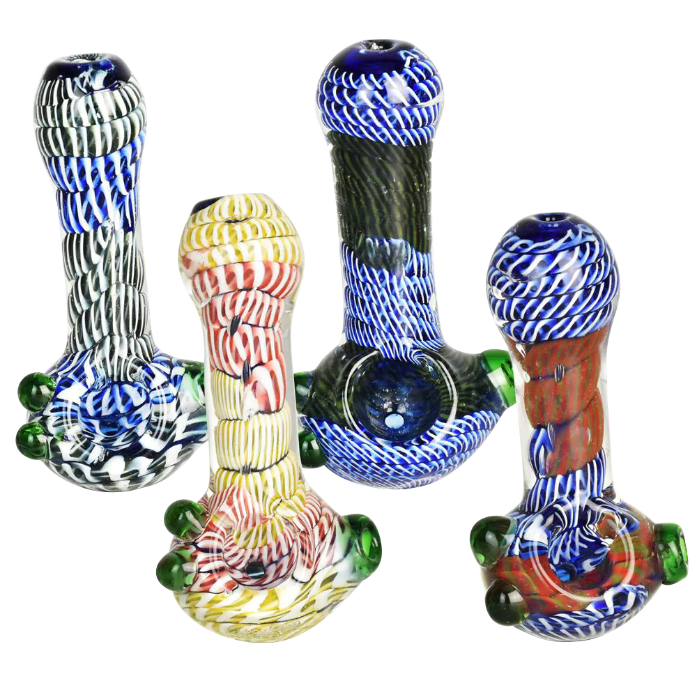 Twisted Rope Stack Spoon Pipes with Marbles in Various Colors, 3.5" Compact Borosilicate Glass, Front View