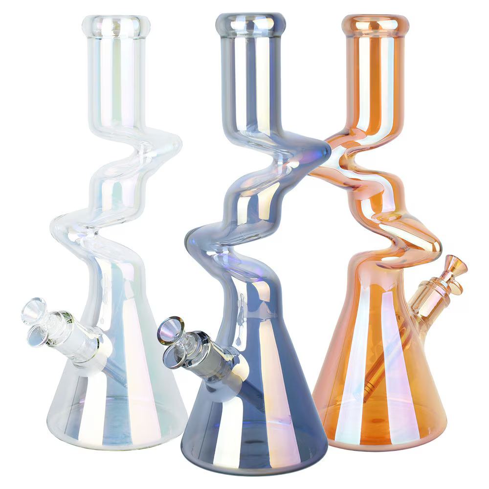 Twisty Tunnel Electroplated Glass Water Pipe | 14.75" | 14mm F | Colors Vary