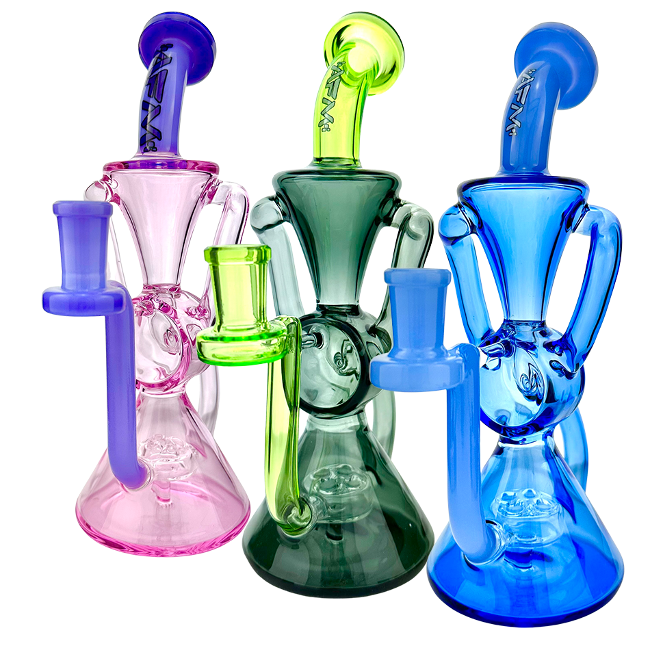 AFM Virgo Glass Recycler Dab Rigs in Pink, Green, and Blue with Showerhead Perc