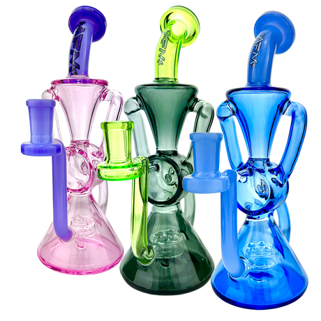 AFM Virgo Glass Recycler Dab Rigs in Pink, Green, and Blue with Showerhead Perc