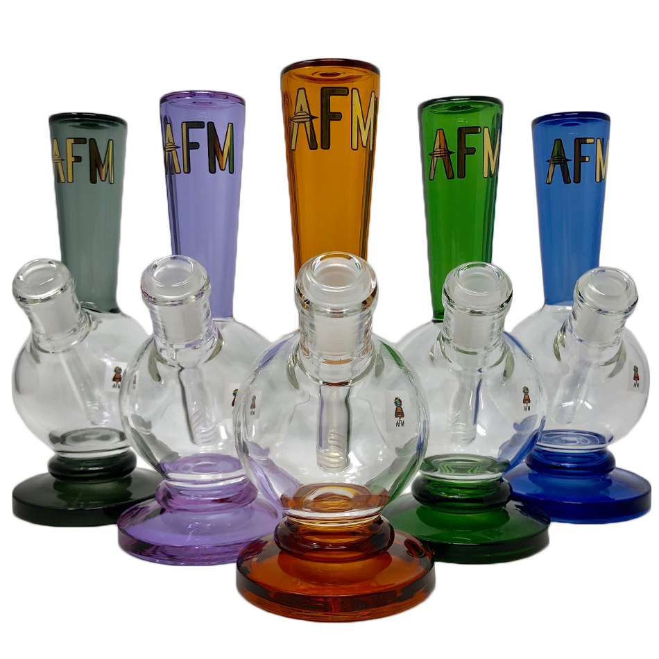 AFM 8" Ball Mini Rigs with Bent Necks and Color Accents, Front View on White Background