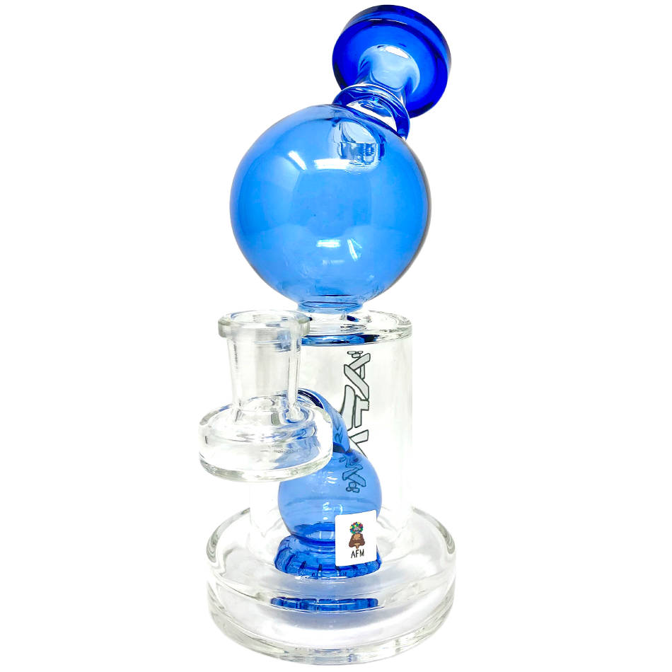 8" AFM Bubble Head Glass Dab Rig with Blue Accents and Showerhead Perc, Front View