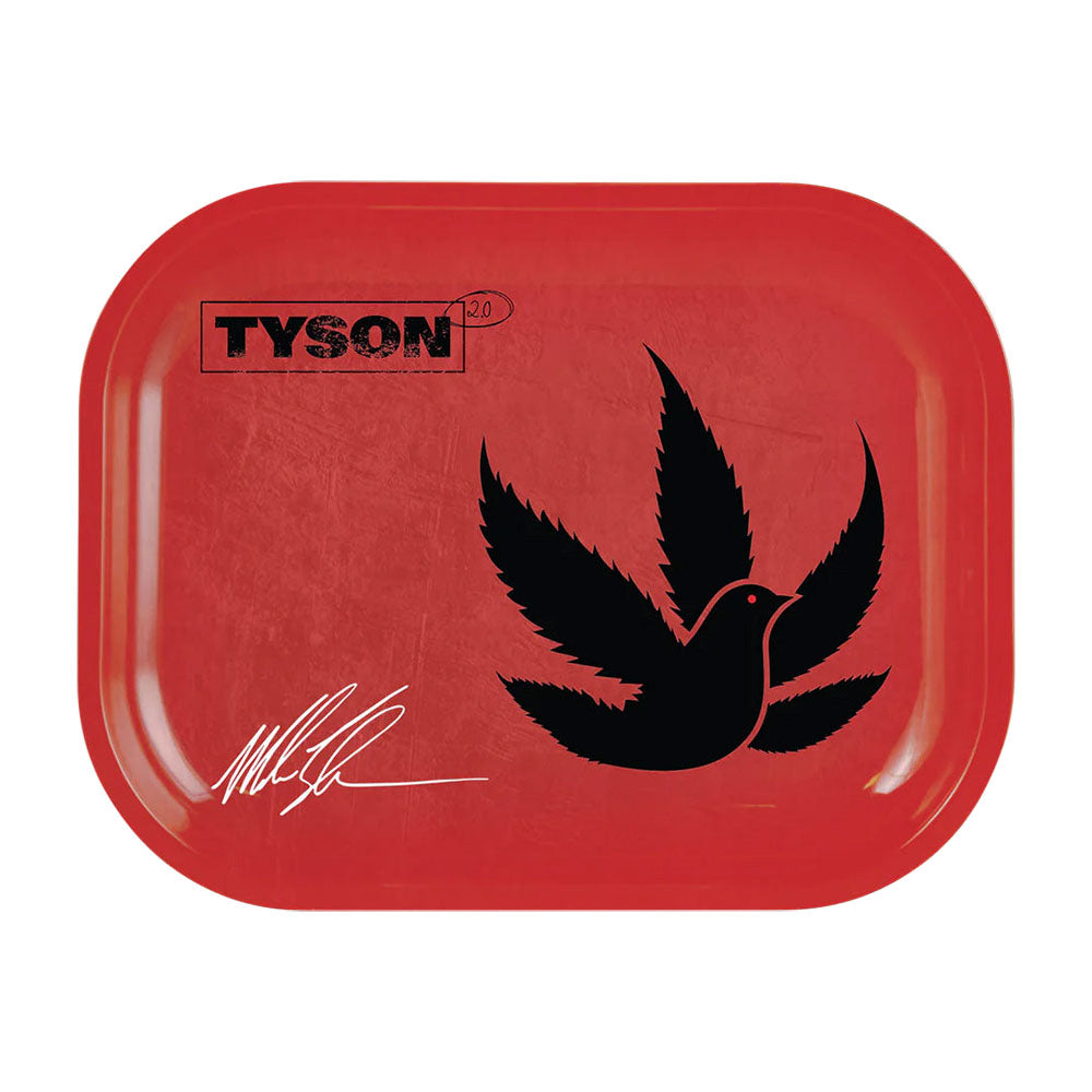TYSON 2.0 red metal rolling tray with black pigeon design, medium size, top view for dry herbs