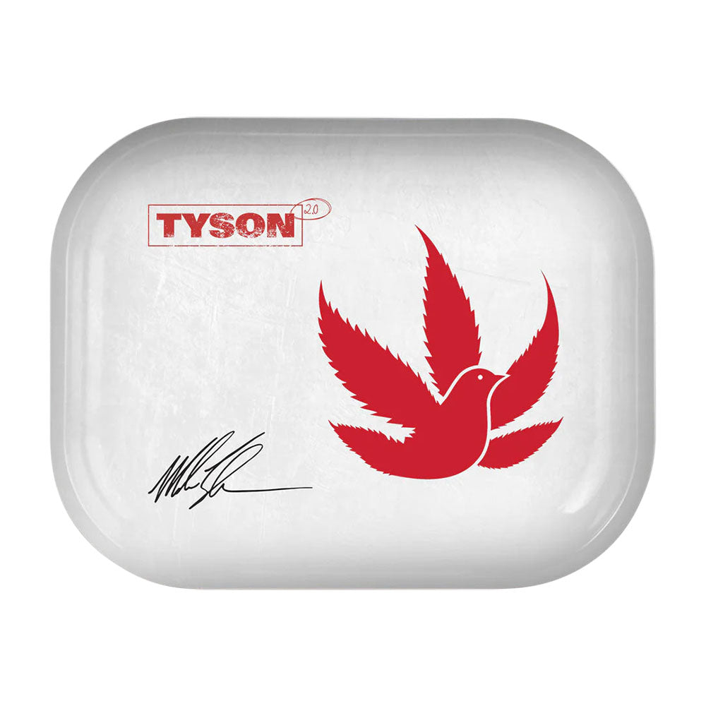 TYSON 2.0 white metal rolling tray with a red pigeon design, ideal for dry herb preparation