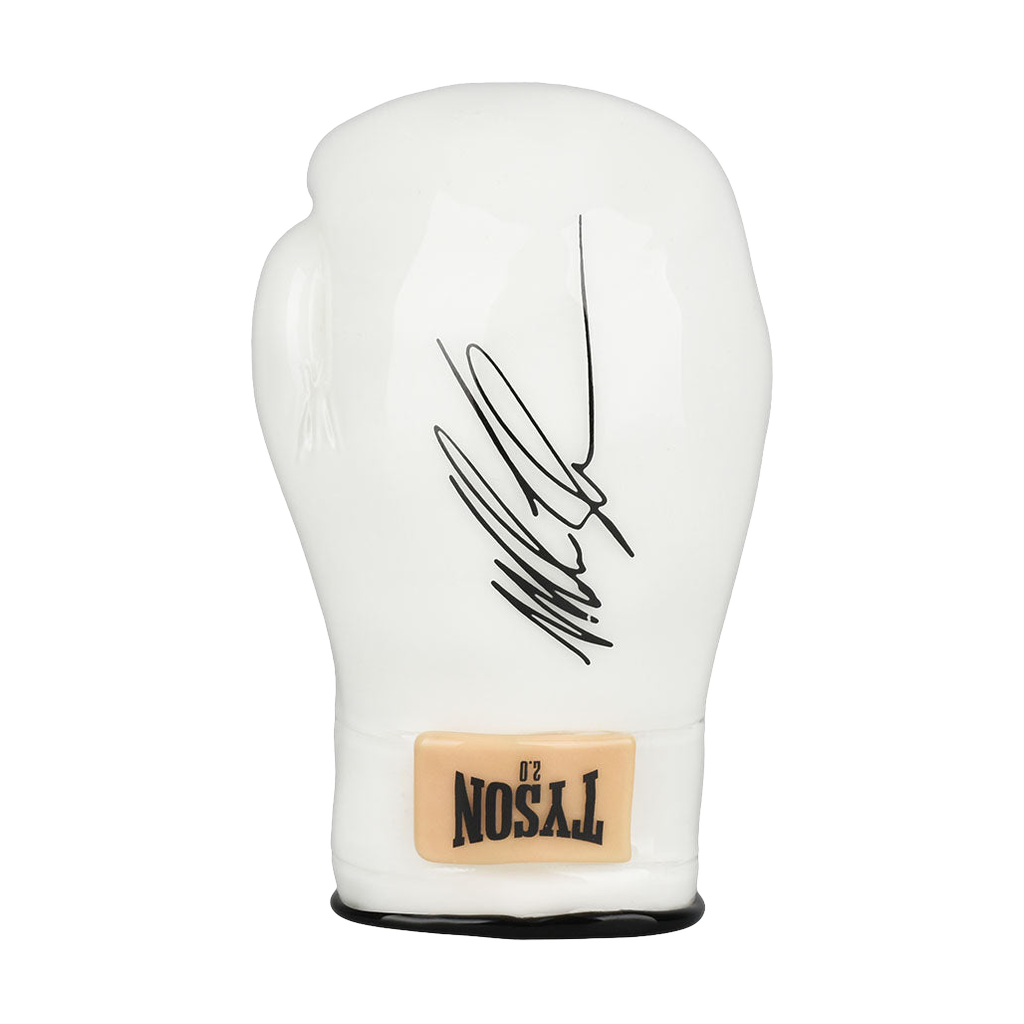 Empire Glassworks Tyson 2.0 White Boxing Glove Hand Pipe Front View with Signature