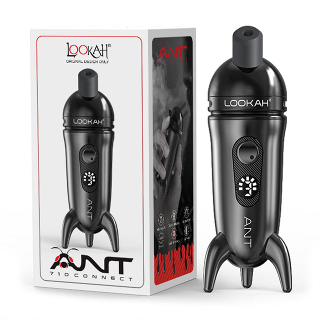 Lookah Ant Vaporizer in black with sleek design, displayed next to packaging