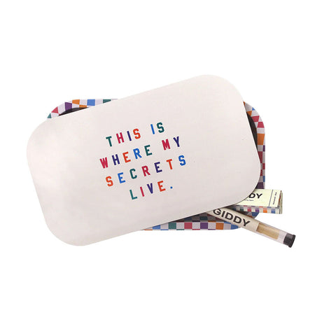 Ugly House Giddy Rolling Tray with colorful border and 'My Secrets' text, plus accessories