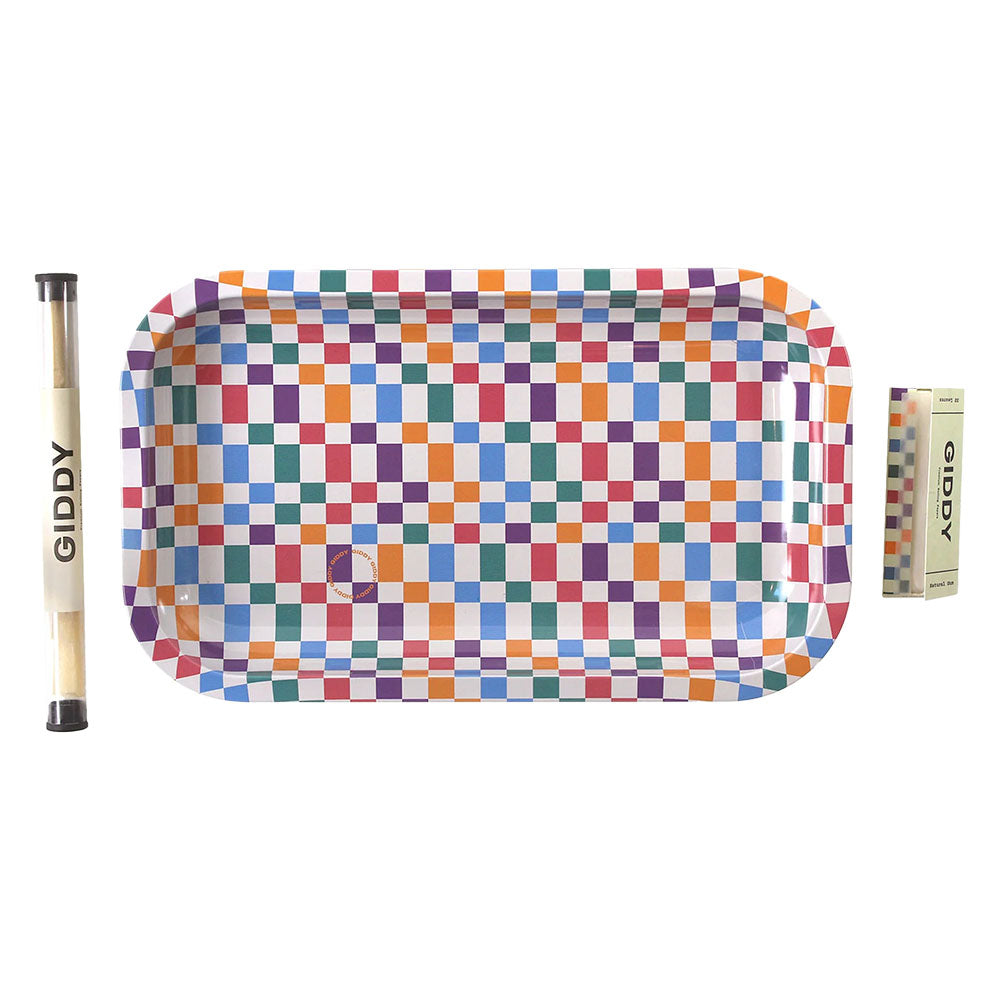 Ugly House Giddy Rolling Tray Bundle with colorful checkered design and included accessories