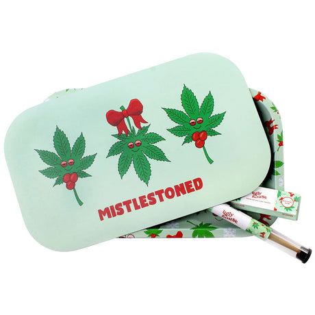 Ugly House Mistlestoned Rolling Tray Bundle - 10" x 6" with festive cannabis leaf design