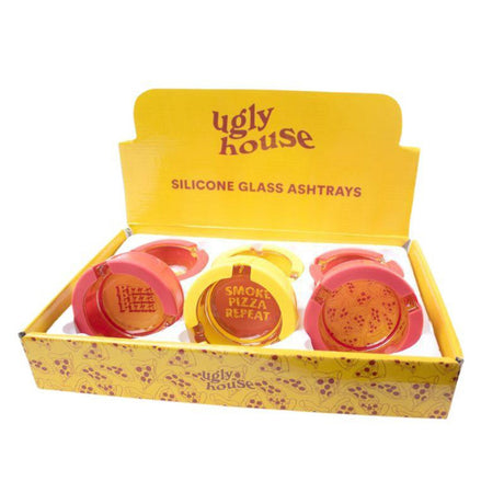 Ugly House Silicone & Glass Ashtrays 3" Munchies theme, pack of 6, displayed in open yellow box