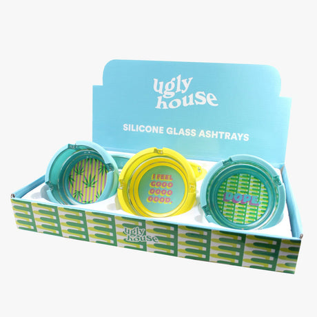 Ugly House Silicone & Glass 4" Ashtrays in Blue and Yellow with Fun Phrases, 6-Pack Display