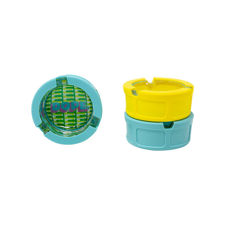 Ugly House Silicone & Glass Ashtrays in blue and yellow with 'I Feel Good' text, 6-pack, top and angle view