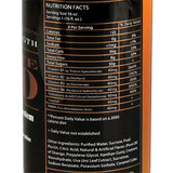 Ultimate Gold Detox 16oz orange drink close-up, displaying nutritional facts and ingredients