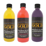 Ultimate Gold Detox 16oz drinks in yellow, red, and purple, front view on white background